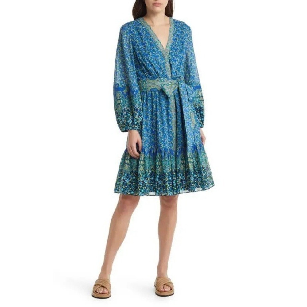 Kobi Halperin Luanne Dress Women's Large Blue Floral Tie Waist A-Line Boho Voile